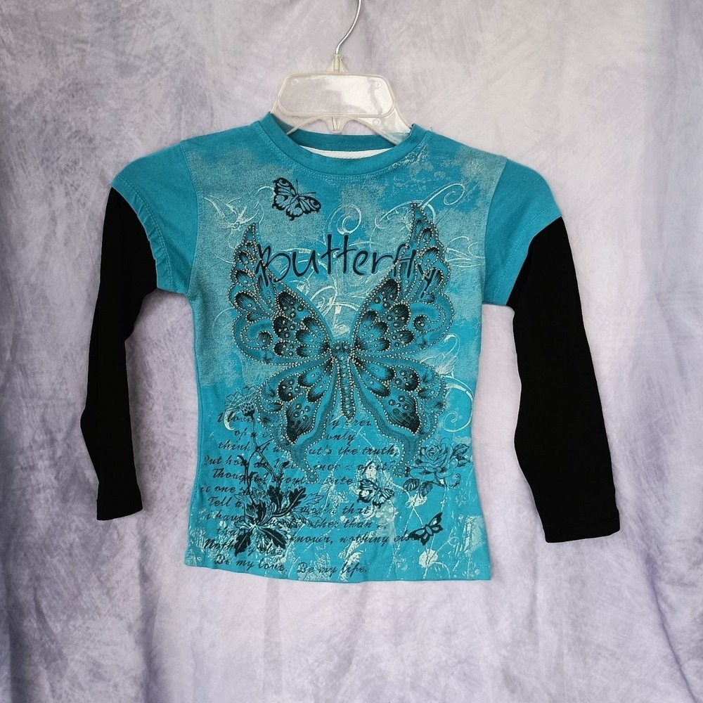 Pop Jeans Butterfly Graphic Layered Long Sleeve Tee Girls Blue Rhinestone Y2K